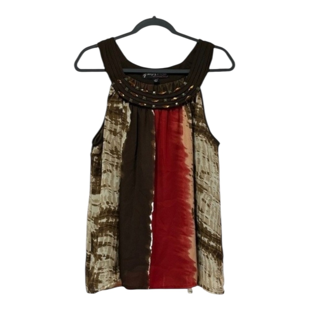 Simply French Sleeveless Blouse Embellished Neckline Tie‎ Dye Print Large